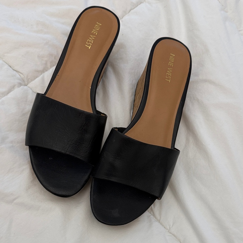 Nine West Black Wedge Slide Sandals